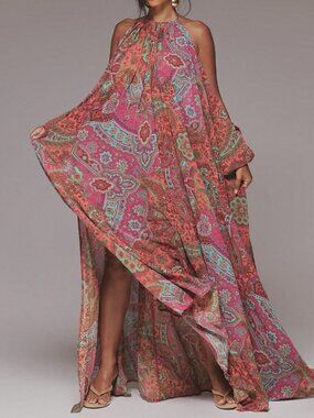 Orange Boho Women's Paisley Pleated High Neck Long Sleeve Maxi Dress